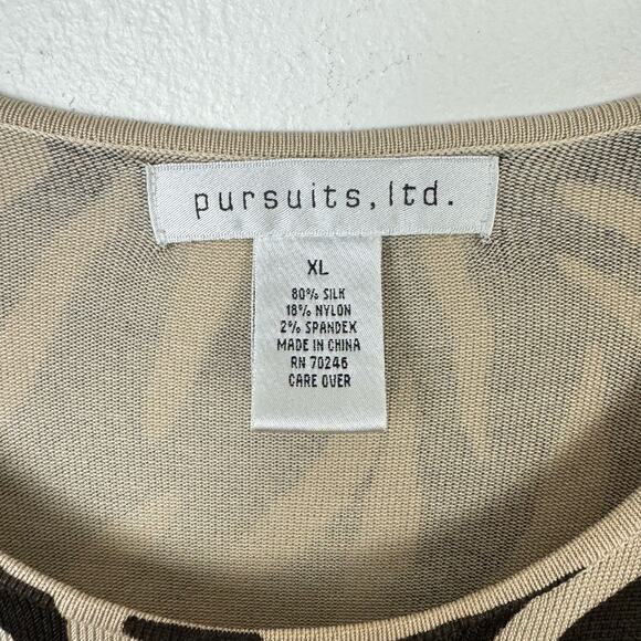 Pursuits Ltd Silk Blend Tan Brown Animal Print 3/4 Sleeve Thin Knit Sweater - Picture 7 of 8